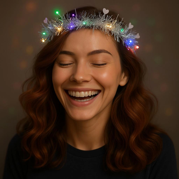 Kalp Püsküllü Gece Parıltısı 3 Modlu Led39li Işıklı Taç Gümüş Renk - Image 1