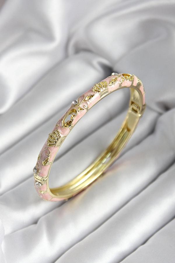 Mineli Pirinç Açık Pembe Kraliçe Taç Desenli Zirkon Taşlı Gold Renk Kadın Kelepçe - EBJ250530W34324 - Image 1