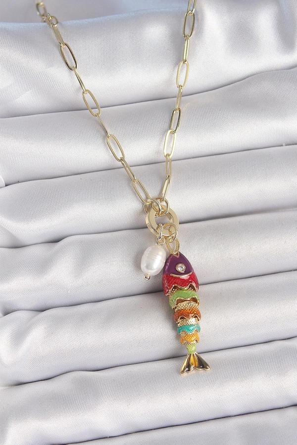 İnci Detaylı Zirkon Taşlı Rainbow Balık Figürlü Gold Renk Pirinç Kolye - EBJ250530W34260 - Image 1
