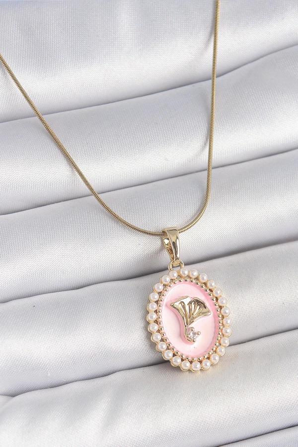 Gold Renk Zincir Pembe Mineli İncli Zirkon Taşlı Çiçek İşlemeli Portre Model Kadın Kolye - EBJ250519W33979 - Image 1