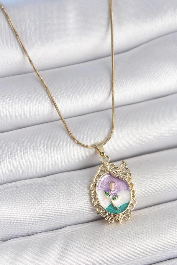 Gold Renk Zincir Mix Renk Mineli Çiçek İşlemeli Zirkon Taş Detaylı Portre Model Kadın Kolye - EBJ250519W33969 - Image 1