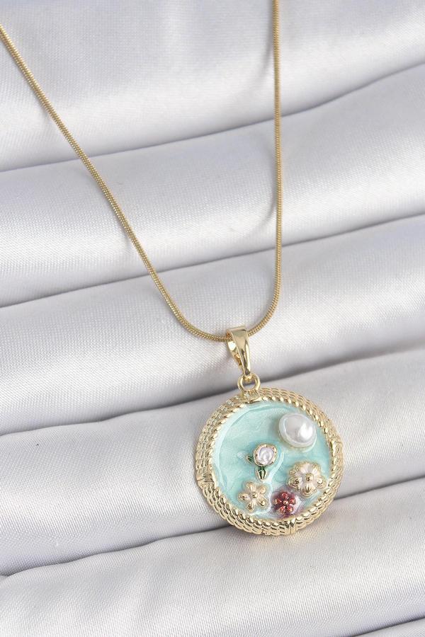 Gold Renk Zincir Mavi Mineli İnci Çiçek İşlemeli Zirkon Taş Detaylı Madalyon Model Kadın Kolye - EBJ250519W33959 - Image 1