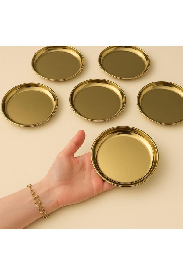 6 Adet 12 cm Gold Yuvarlak paslanmaz çelik,lokumluk,ikramlık, pasta servis,Kahve Fincan altlığı - Image 1
