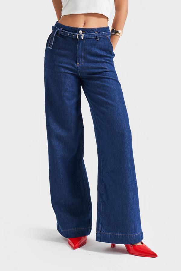 Kadın İndigo Renk 7s5-50/1 Wide Leg Fit Kemer Detaylı Tensel Viscon Kumaş %100 Koton Denim Jean - Image 1
