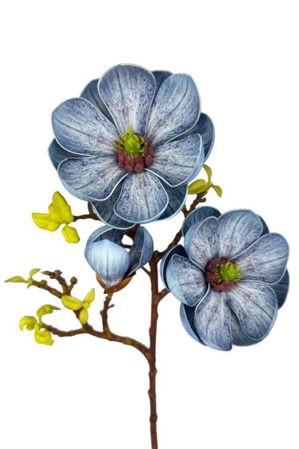 Yapay Çiçek Eva Mavi Manolya 2 Çiçek 1 Tomurcuk Uzun Dal Çiçek Flowers 55cm Gerçeksi Doku - Image 1