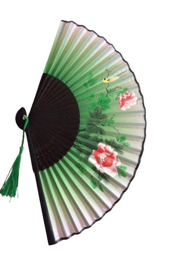 - Yelpaze Bambu Japon Lüks Tasarım Yelpaze Yeşil Kırmızı Çiçekli - Image 1