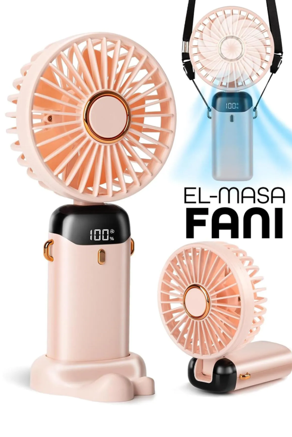 LCD Ekranlı Şarjlı El Fanı Mini Vantilatör 5 Kademe Sessiz Boyun Askılı Pembe Fan - Image 1