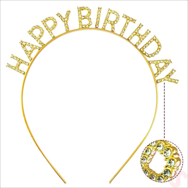 Altın Gold Renk Kristal Taşlı Parlak Happy Birthday Taç 16x17 Cm - Image 1