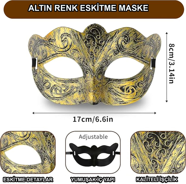 Altın Renk Eskitme Maskeli Balo Maskesi – Venedik Tarzı Parti Maskesi - Image 1
