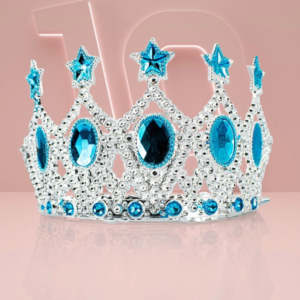 Çocuk Kraliçe Tacı - Mavi Yıldız İşlemeli Prenses Tacı 15x7 Cm - Image 1