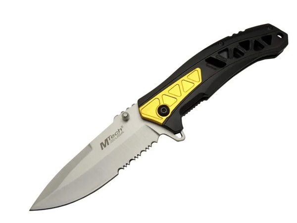 4191 Sarı Kamp Çakı 21cm - Yarı Otomatik, Kemerlikli, Testere Detaylı, Desenli Sap - Image 1