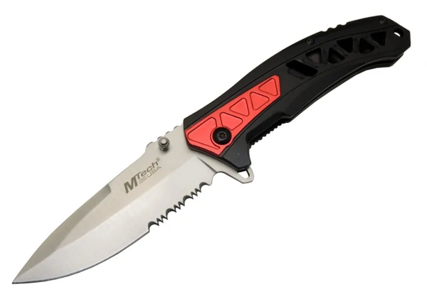 4192 Kırmızı Kamp Çakı 21cm - Yarı Otomatik, Kemerlikli, Testere Detaylı, Desenli Sap - Image 1