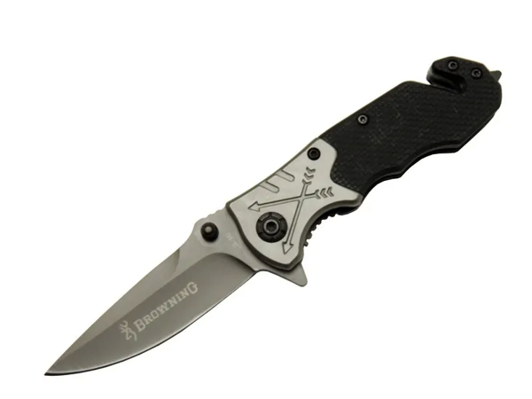 8-10 Siyah Kurtarma / Kamp Çakı 16,5cm - Yarı Otomatik, Kemerlikli, Cam Kırma Ve İp Kesme Aparatlı, Ok Figürlü Sap - Image 1