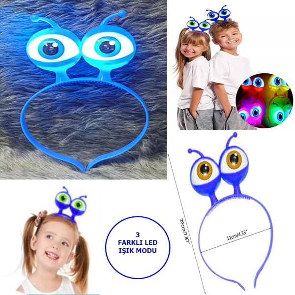 Led Işıklı  Pilli 3 Farklı Modda Yanan Uzaylı Göz Parti Tacı Mavi Renk 18x12 Cm - Image 1