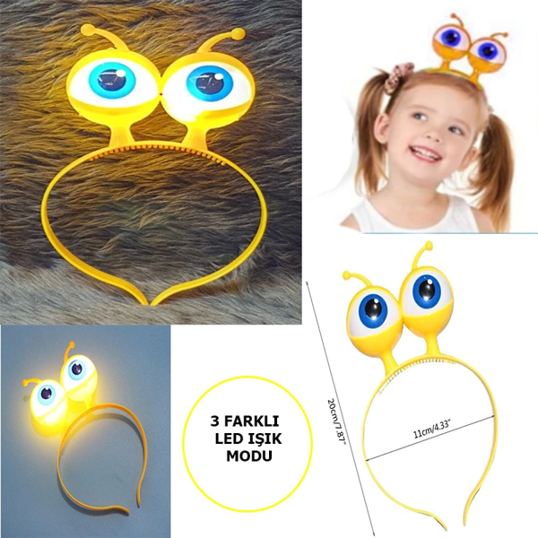 Led Işıklı  Pilli 3 Farklı Modda Yanan Uzaylı Göz Parti Tacı Sarı Renk 18x12 Cm - Image 1