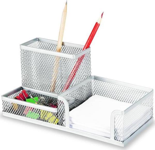 Gıpta Metal Masa Seti 3 Gözlü Organizer (Masa Üstü Kalemlik Notluk Seti) Gümüş F0071 - Image 1