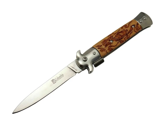 Fs 12461 Kahverengi  Çakı 23cm - Ejder İşlemeli Sap, Kemerlikli, Arkadan Tetikli - Image 1