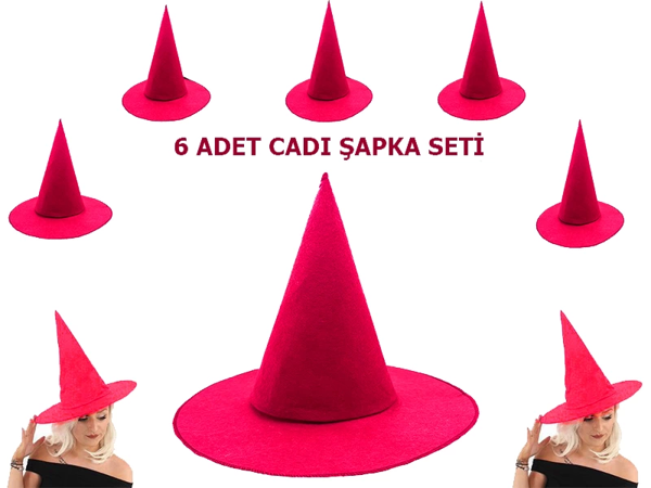 Pembe Fuşya Renk Keçe Cadı Şapkası Yetişkin Çocuk Uyumlu 6 Adet - Image 1