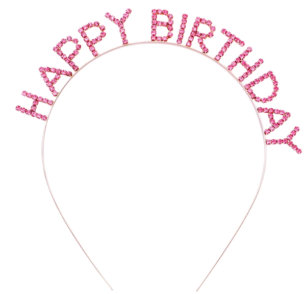 Pembe Renk Kristal Taşlı Gold Renk Kaplama Happy Birthday Taç 16x17 Cm - Image 1