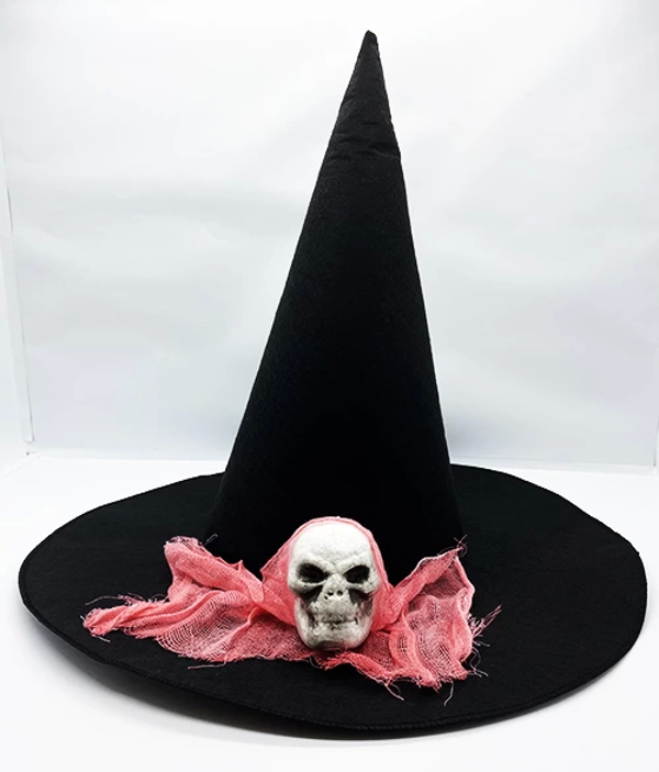 Siyah Renk Pembe Duvaklı Kuru Kafa Temalı Cadı Şapkası 35x38 Cm - Image 1