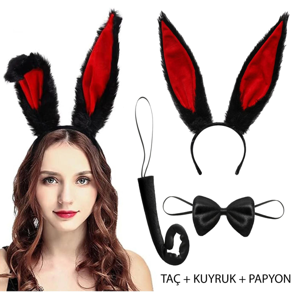 Siyah Kırmızı Renk Peluş Tavşan Kulak Papyon Kuyruk Yetişkin Boy - Image 1