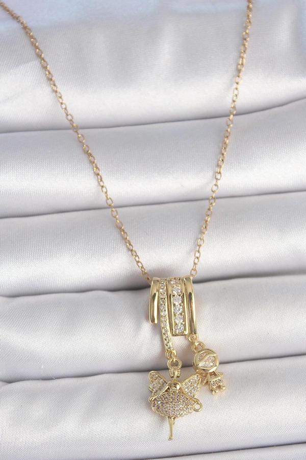 316L Çelik Gold Renk Zirkon Taşlı Sallantı Melek Figür Charm Kadın Kolye SL11587 - Image 1