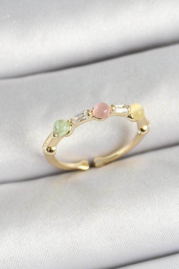 Pirinç Sıralı Boncuk Figürlü Zirkon Taşlı Gold Renk Ayarlanabilir Kadın Yüzük SL11987 - Image 1