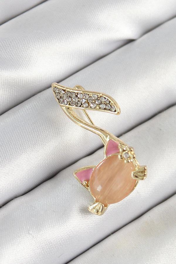 Zirkon Taşlı 3D Kedi Detaylı Nota Figürlü Gold Renk Kadın Broş SL12069 - Image 1