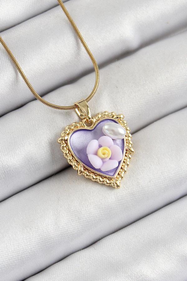 316L Çelik Zincir Mor Sanatsal Portre İnci Detaylı Papatya Figürlü Kalp Model Gold Renk Kadın Kolye SL12169 - Image 1