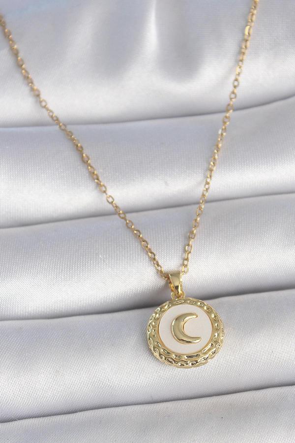 316L Çelik Gold Renk Zincir Beyaz Mineli Hilal İşlemeli Madalyon Model Kadın Kolye SL11456 - Image 1