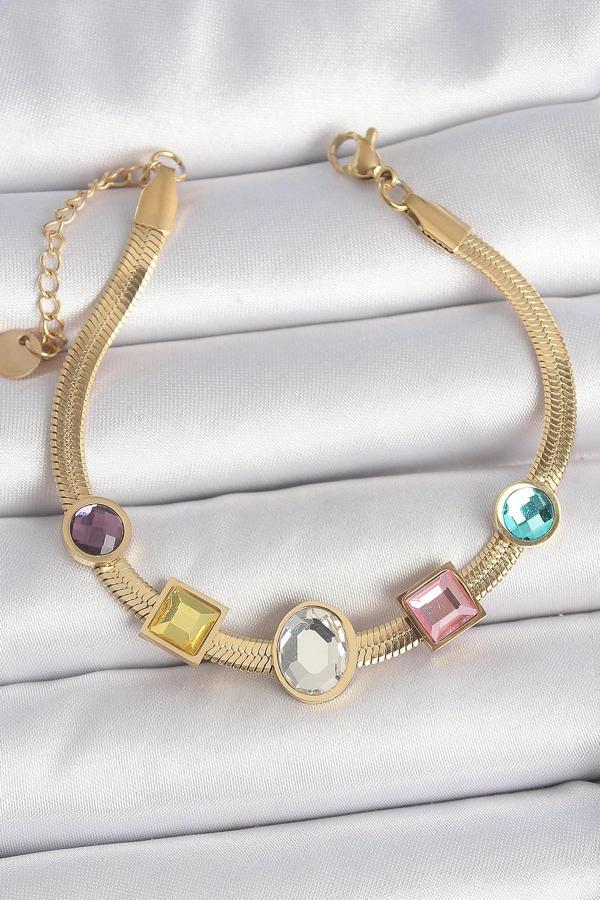 316L Çelik Gold Renk İtalyan Zincir Renkli Zirkon Taşlı Kadın Bileklik SL11624 - Image 1