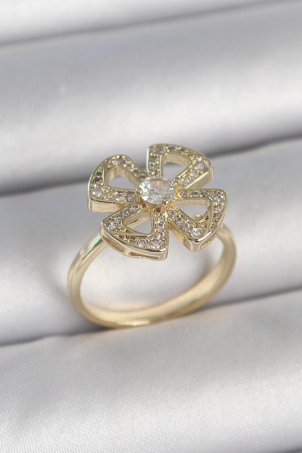 Pirinç Gold Renk Zirkon Taşlı Yonca Model Ayarlanabilir Kadın Yüzük SL11496 - Image 1