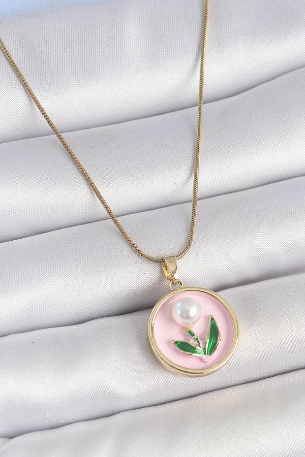316L Çelik Gold Renk Zincir Pembe Mineli İncili Çiçek İşlemeli Portre Model Kadın Kolye SL11705 - Image 1