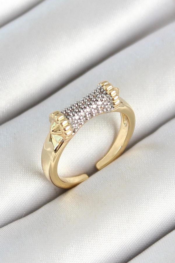 Pirinç Makara Figürlü Zirkon Taşlı Gold Renk Ayarlanabilir Kadın Yüzük SL12011 - Image 1