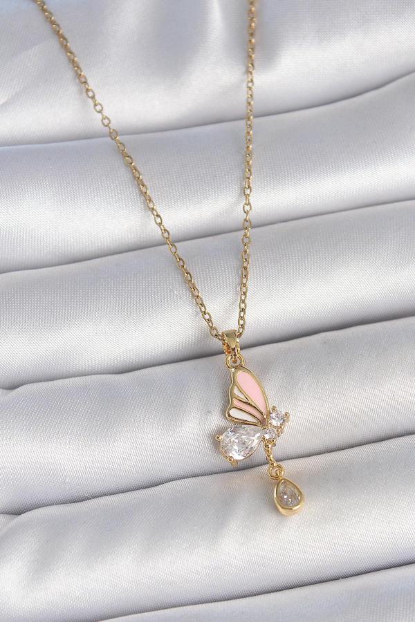 316L Çelik Gold Renk Zincir Damla Zirkon Taşlı Kelebek Model Sallantı Detay Kadın Kolye SL11474 - Image 1