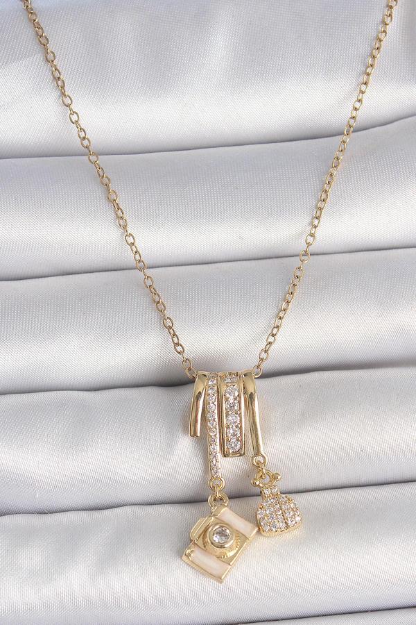 316L Çelik Gold Renk Zirkon Taşlı Sallantı Fotoğraf Makinası Figür Charm Kadın Kolye SL11585 - Image 1
