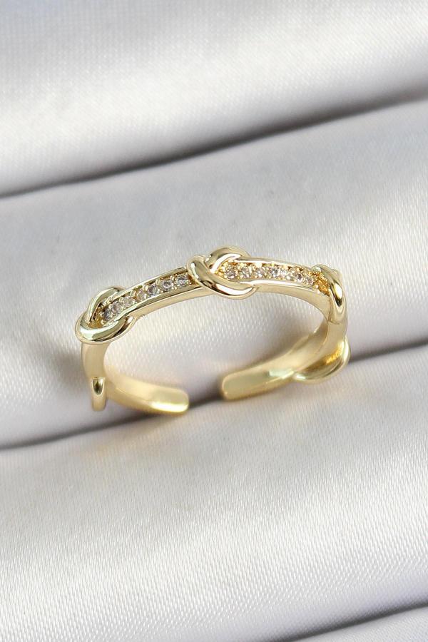 Pirinç Düğüm Figürlü Zirkon Taşlı Gold Renk Ayarlanabilir Kadın Yüzük SL12005 - Image 1