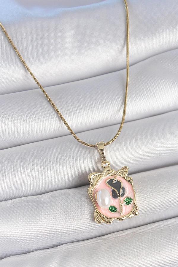 316L Çelik Gold Renk Zincir Pembe Mineli Çiçek İşlemli İnci Detay Portre Model Kadın Kolye SL11720 - Image 1