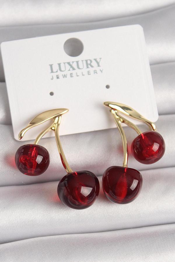 Pirinç Gold Renk Kırmızı Kiraz Model Kadın Küpe SL11398 - Image 1