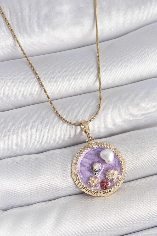 316L Çelik Gold Renk Zincir Mor Mineli İncili Çiçek İşlemeli Madalyon Model Kadın Kolye SL11710 - Image 1