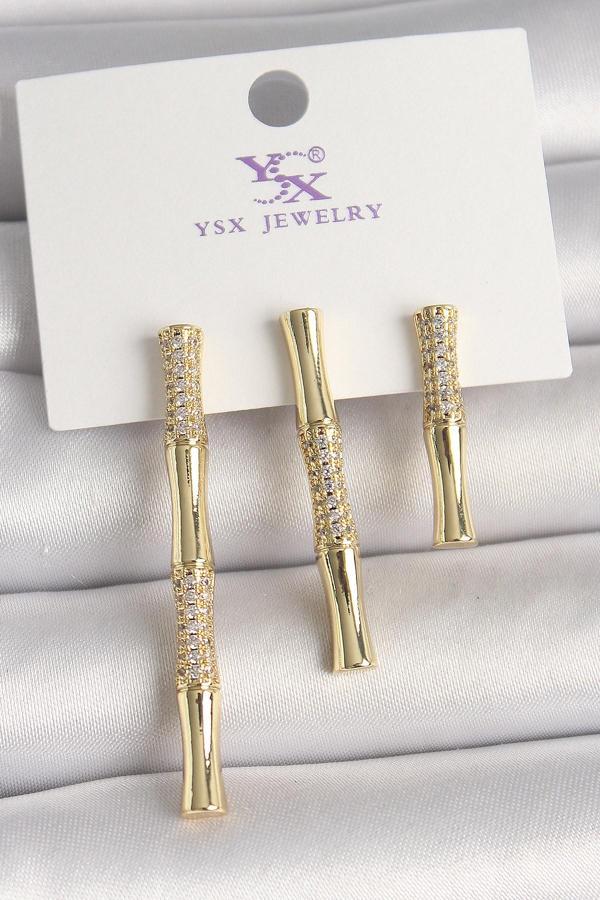 Pirinç Gold Renk Zirkon Taşlı Bambu Model 3'Lü Kadın Kombin Küpe SL11401 - Image 1