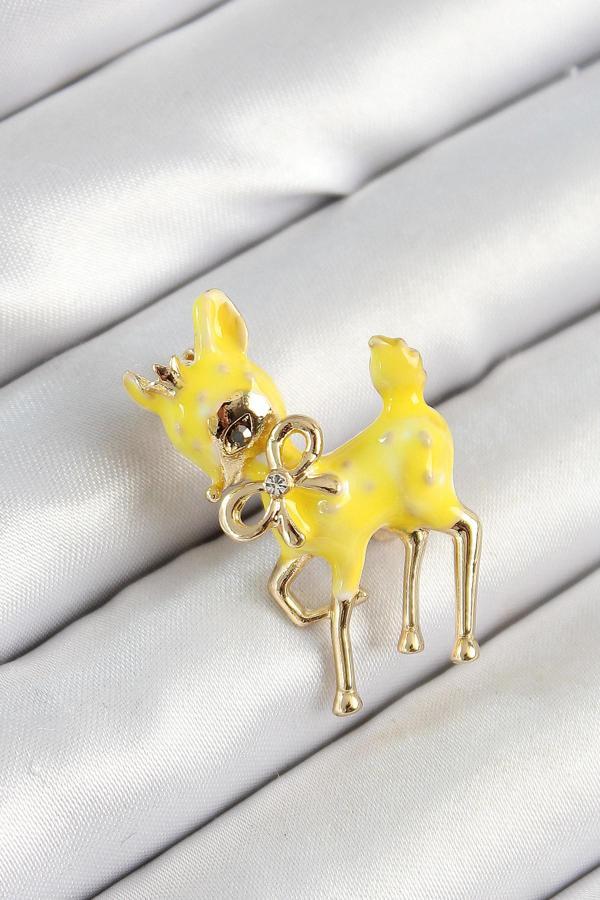 Zirkon Taşlı Fiyonk Detaylı 3D Sarı Ceylan Figürlü Gold Renk Kadın Broş SL12070 - Image 1
