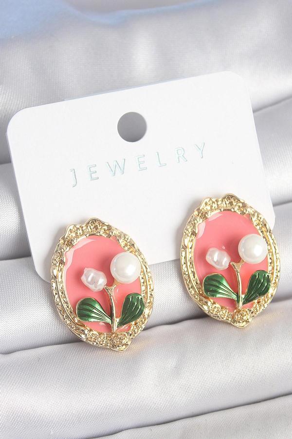 Pirinç Gold Renk Pembe Mineli İncili Çiçek İşlemli Portre Model Kadın Küpe SL11740 - Image 1
