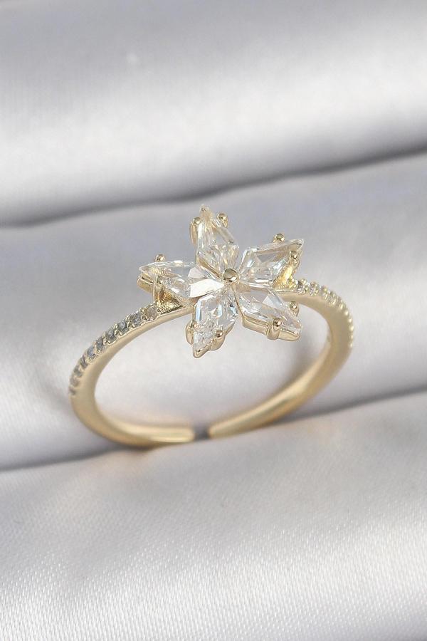 Pirinç Gold Renk Zirkon Taşlı Yıldız Model Ayarlanabilir Kadın Yüzük SL11494 - Image 1