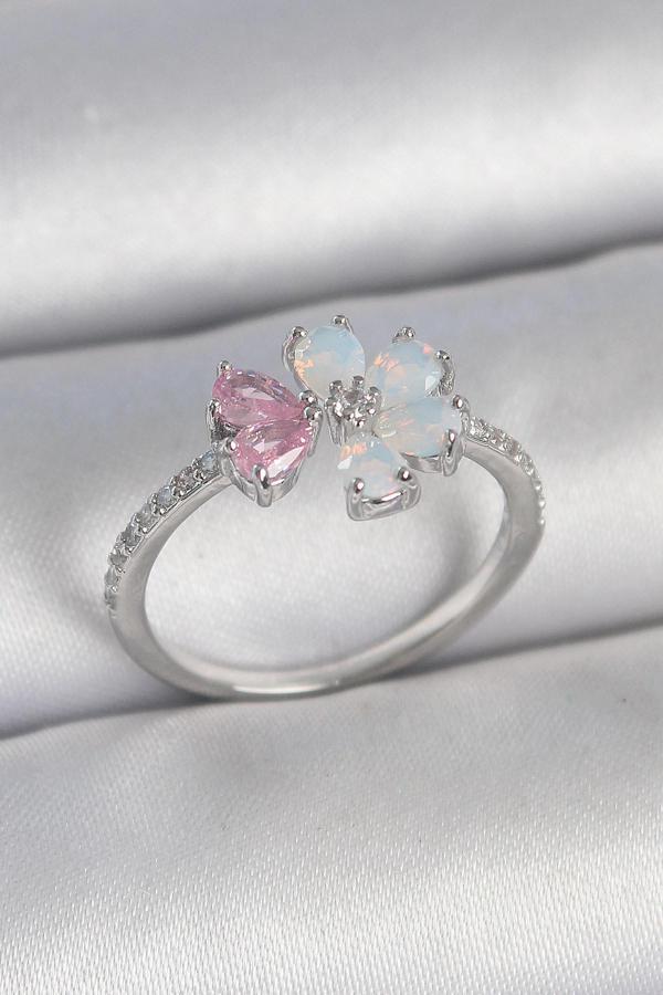 Pirinç Gümüş Renk Beyaz Mineli Pembe Zirkon Taşlı Çiçek Model Kadın Yüzük SL11485 - Image 1