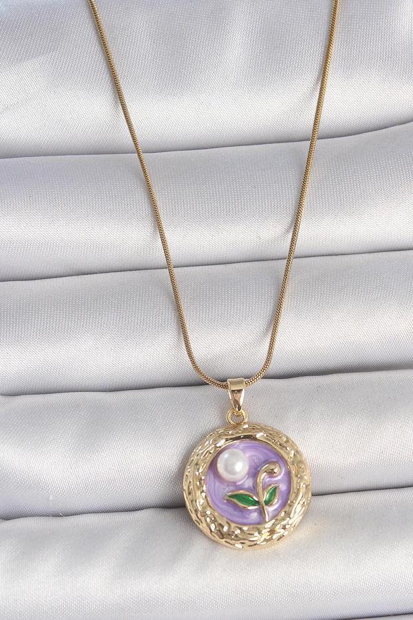316L Çelik Gold Renk Zincir Mor Çiçek İşlemeli İnci Detay Potre Model Kadın Kolye SL11569 - Image 1