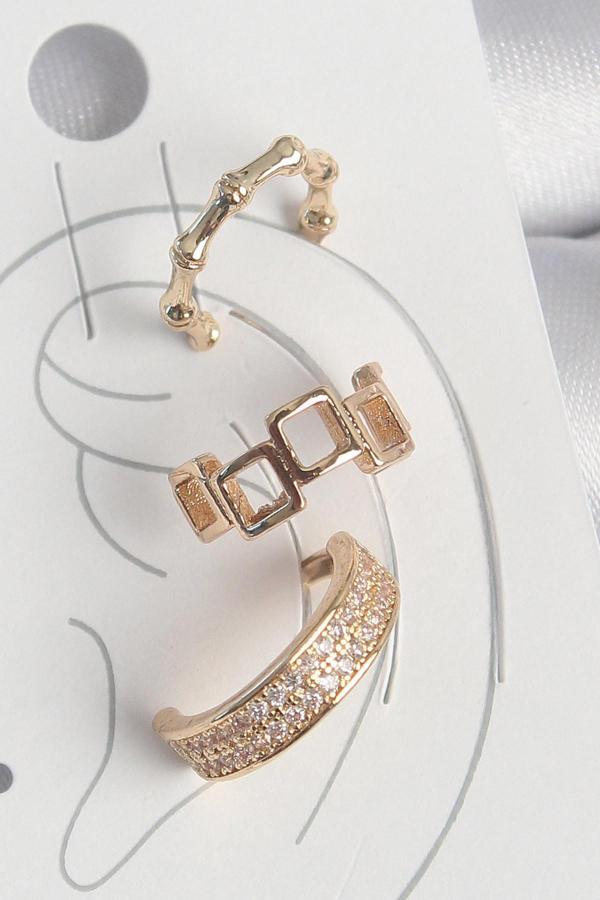 Pirinç Gold Renk Kare Model Zirkon Taşlı 3'Lü Model Kadın Kıkırdak Küpe SL11844 - Image 1