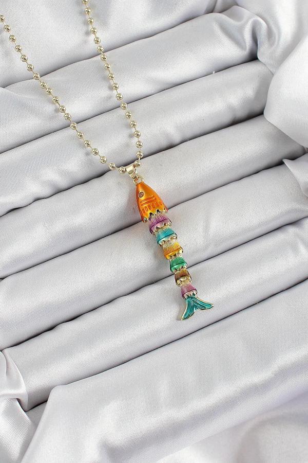 Pirinç Rainbow Balık Model Zirkon Taşlı Gold Renk Kadın Kolye  SL12140 - Image 1