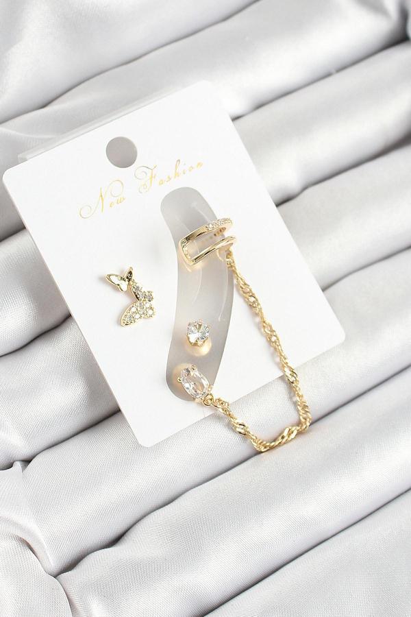 Pirinç Kelebek Figürlü Zirkon Taşlı Gold Renk 3'lü Kıkırdak Kadın Küpe Set SL12131 - Image 1