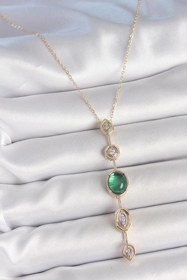 Pirinç Zincir Zümrüt Yeşil Gold Renk Zirkon Taşlı Y Kolye SL11905 - Image 1